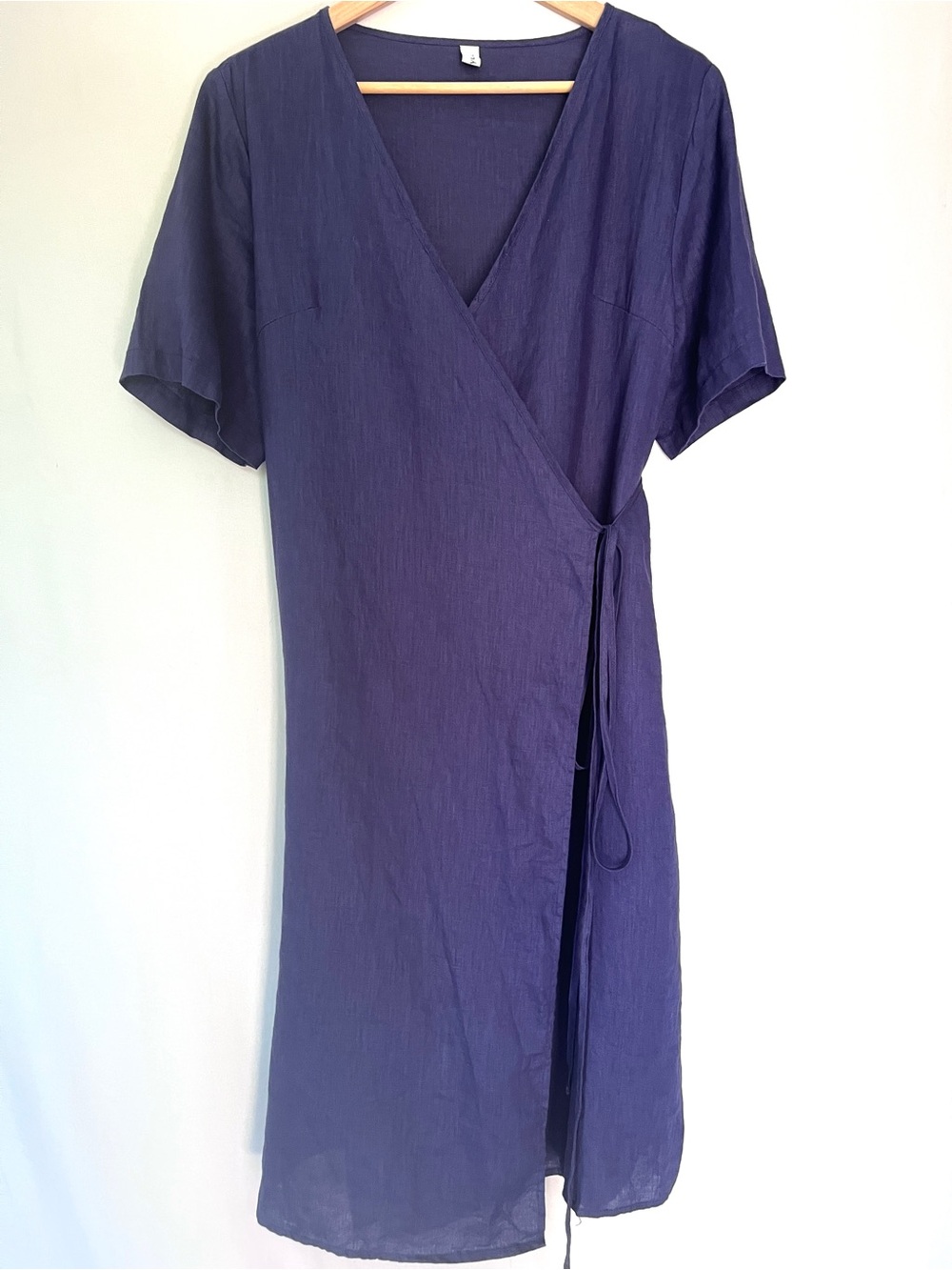 Amazhiyu 100% Linen Indigo Wrap Dress with Pockets Size L